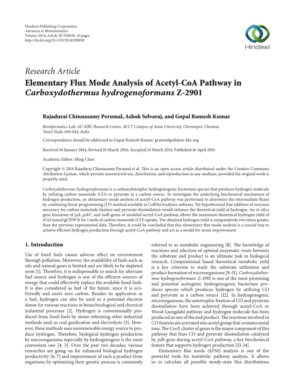 Research Article Elementary Flux Mode Analysis of Acetyl-Coa Pathway in Carboxydothermus Hydrogenoformans Z-2901