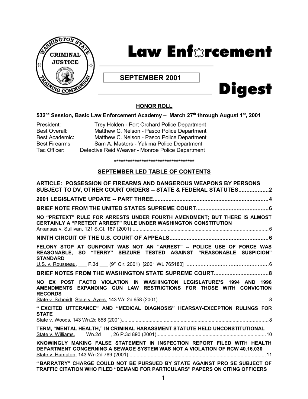 532Nd Session, Basic Law Enforcement Academy March 27Th Through August 1St, 2001