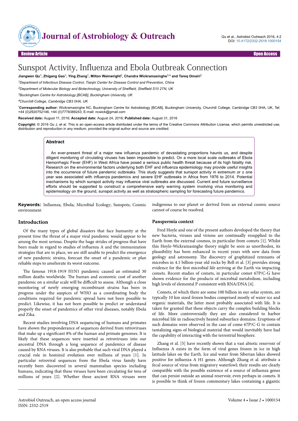 Sunspot Activity, Influenza and Ebola Outbreak Connection