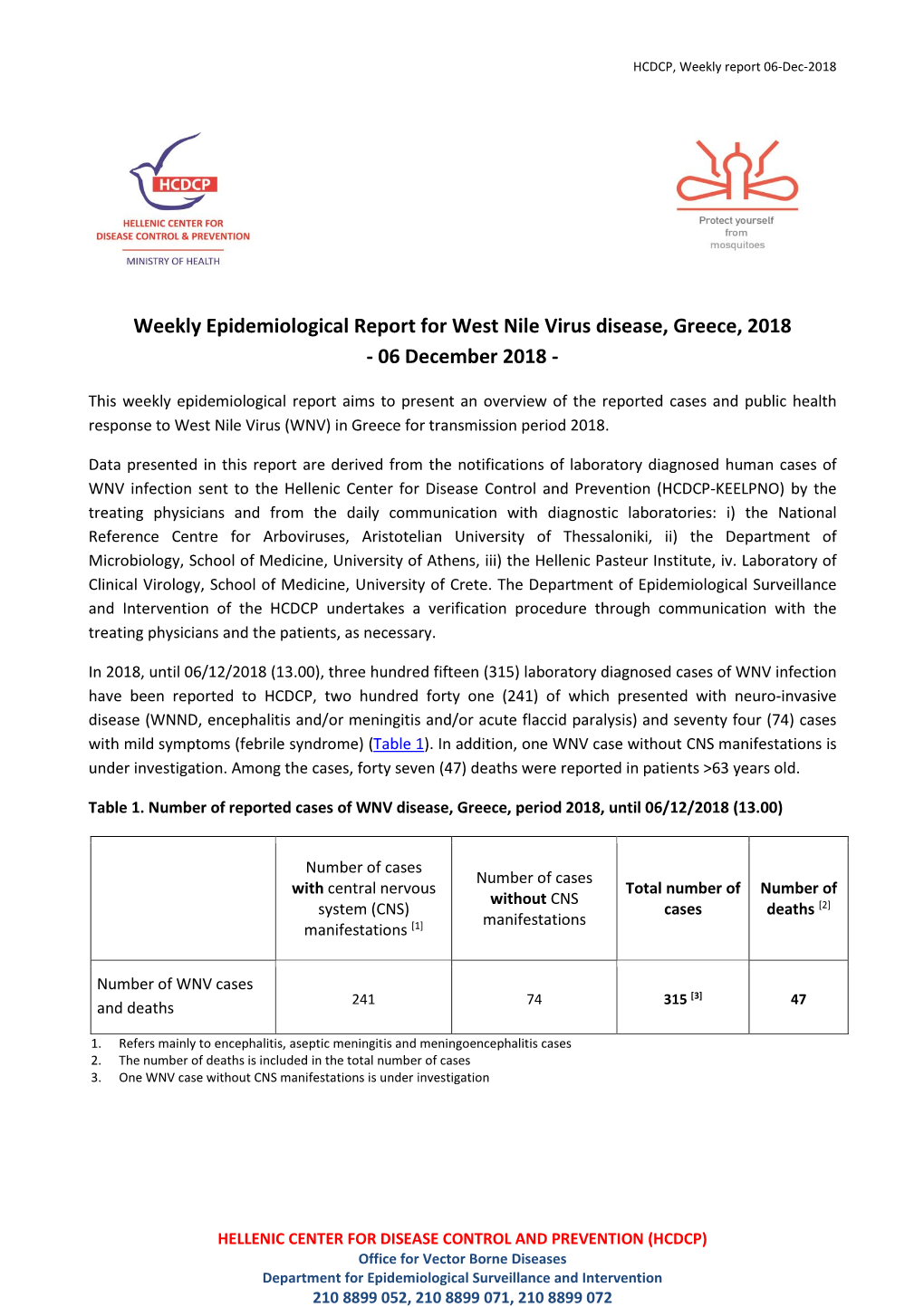 Weekly Epidemiological Report for West Nile Virus Disease, Greece, 2018 - 06 December 2018 - 1