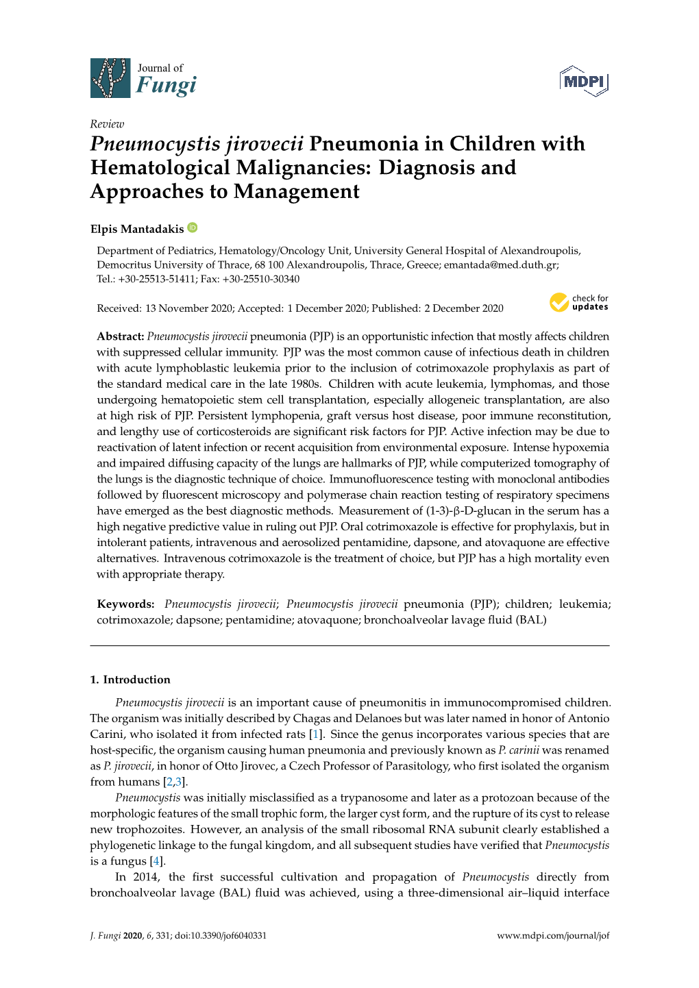 Pneumocystis Jirovecii Pneumonia in Children with Hematological Malignancies: Diagnosis and Approaches to Management