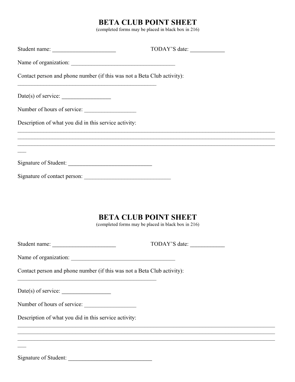 Beta Club Point Sheet