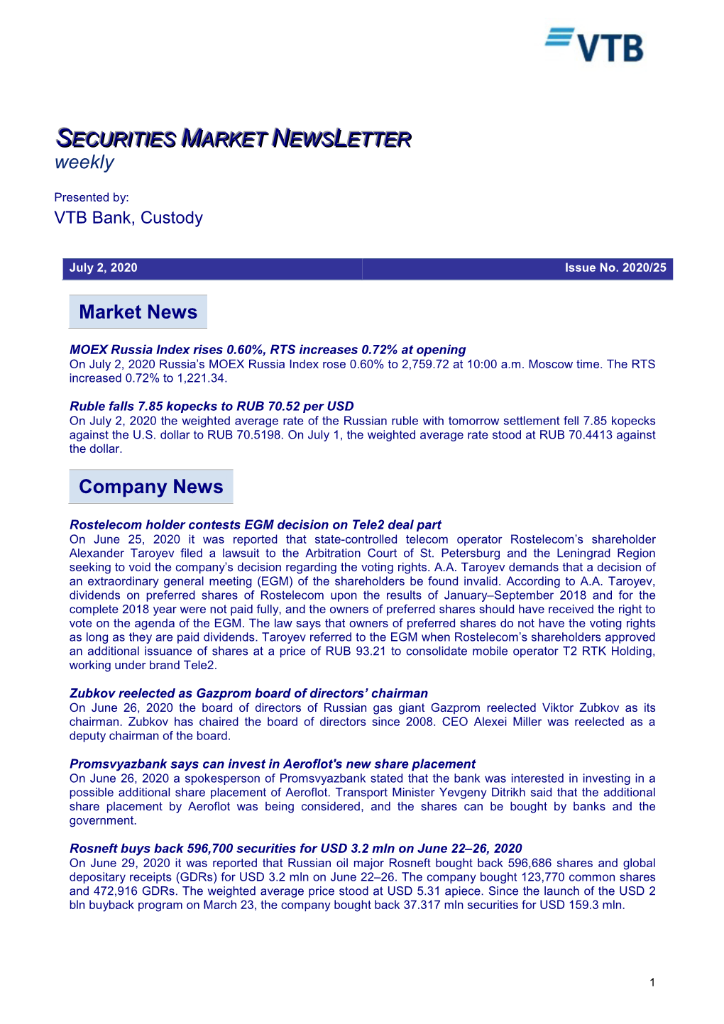 Market News Company News SECURITIES MARKET NEWS