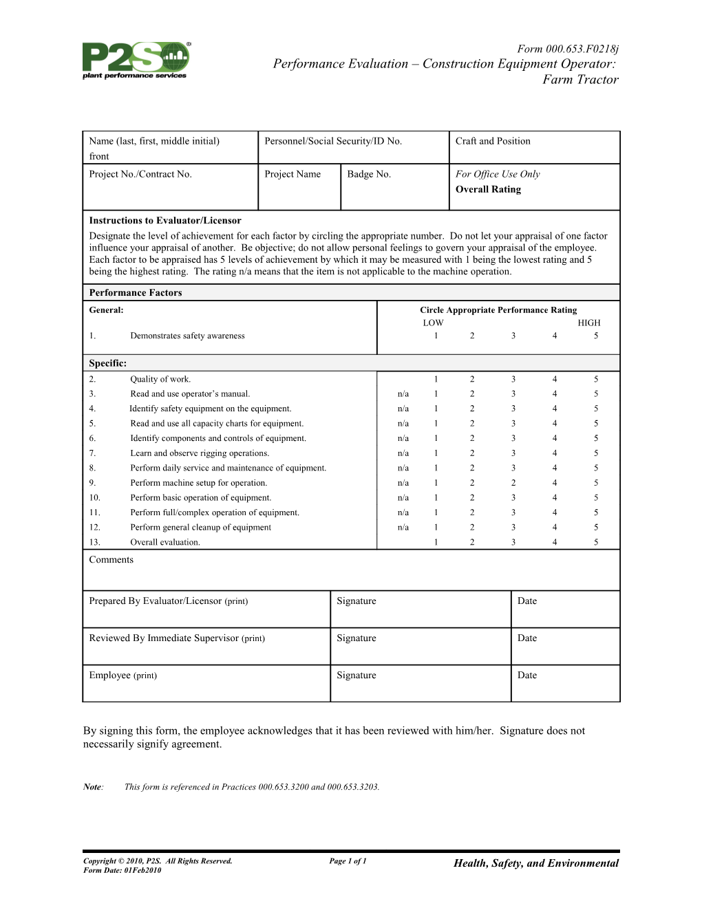 Performance Evaluation - Construction Equipment Operator: Farm Tractor