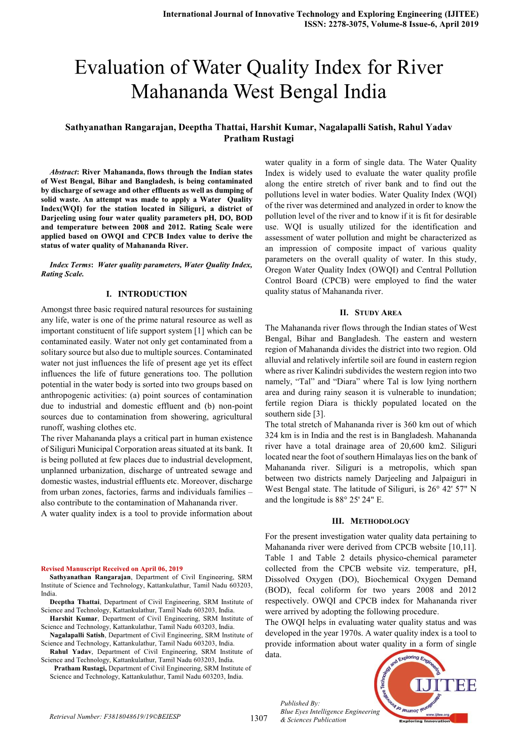 Evaluation of Water Quality Index for River Mahananda West Bengal India