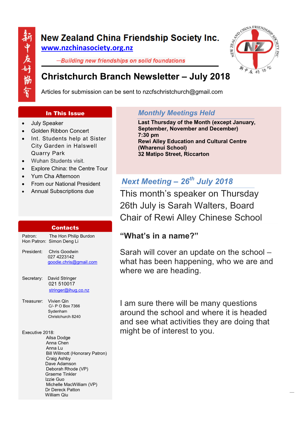 Christchurch Branch Newsletter – July 2018