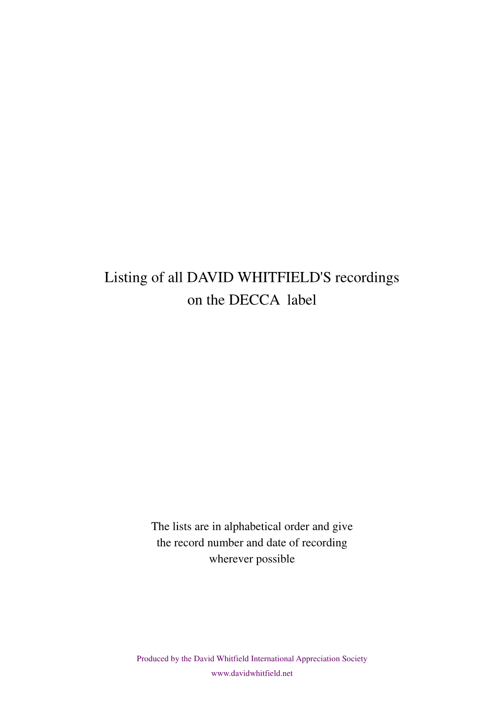 Listing of All DAVID WHITFIELD's Recordings on the DECCA Label