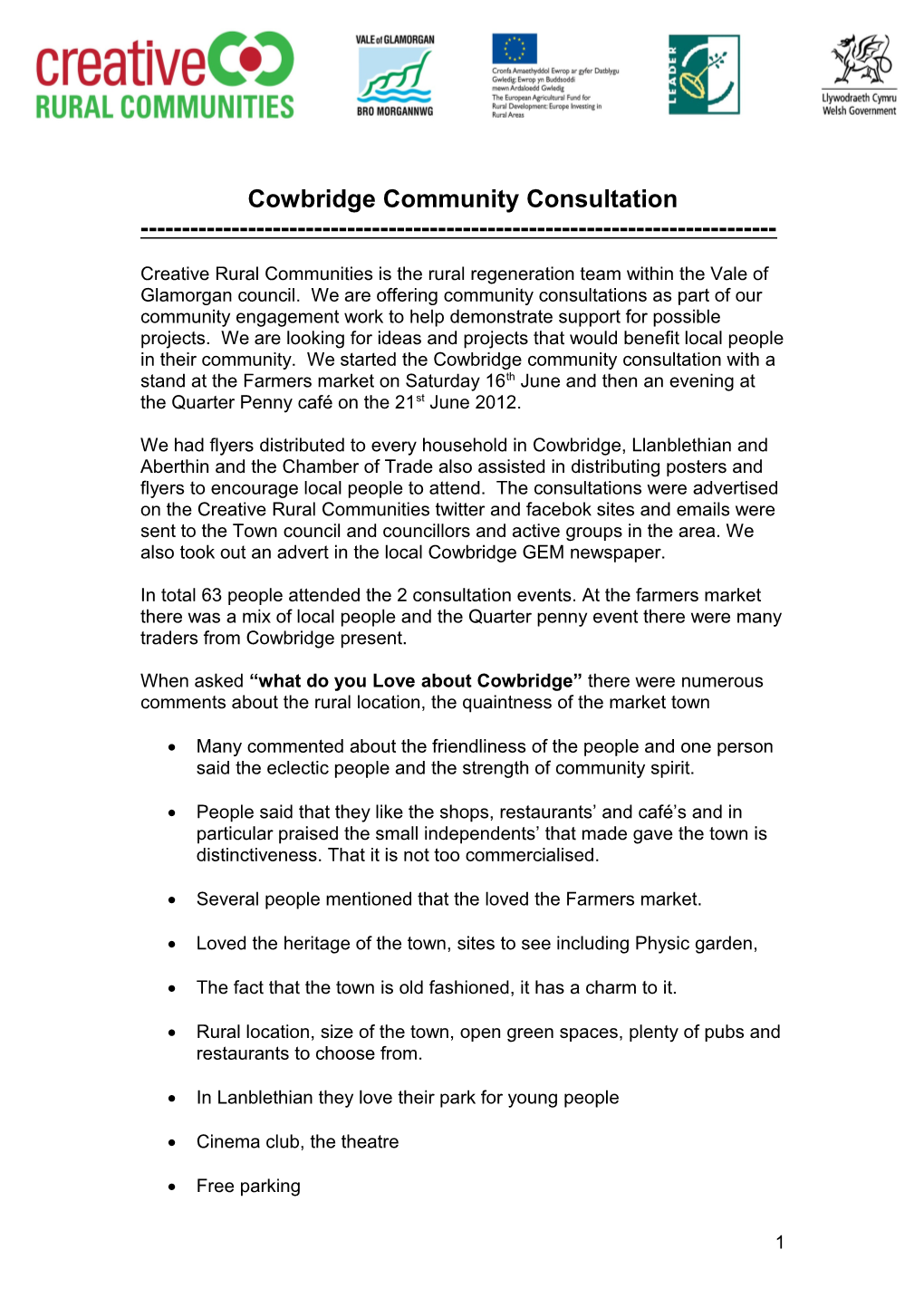 Community Engagement - Cowbridge Community Consultation Summary Report Final