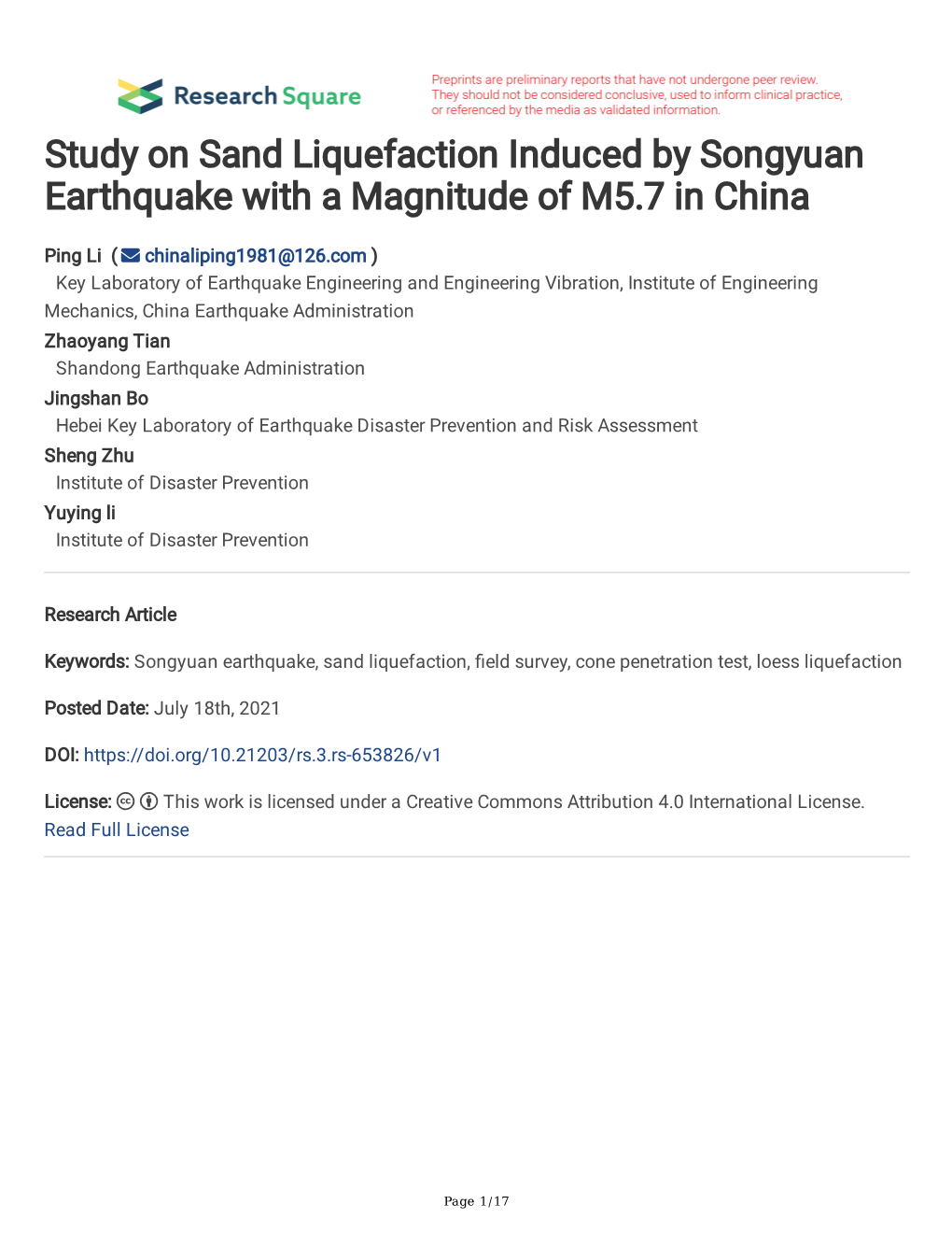 Study on Sand Liquefaction Induced by Songyuan Earthquake with a Magnitude of M5.7 in China