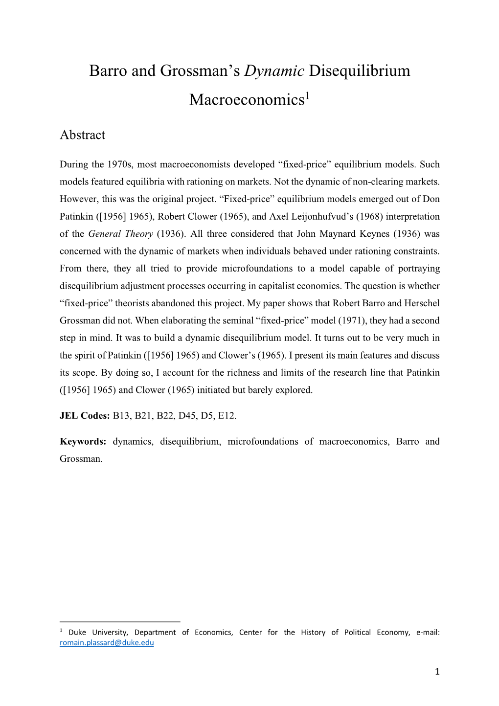 Barro and Grossman's Dynamic Disequilibrium Macroeconomics1