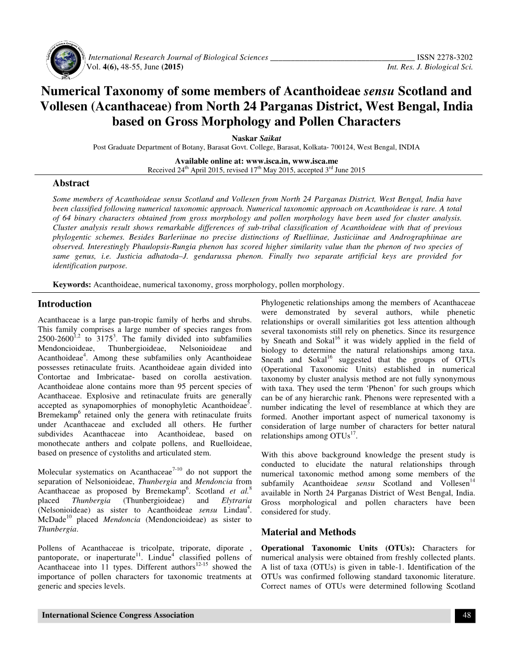 Numerical Taxonomy of Some Members of Acanthoideae Sensu Scotland and Vollesen (Acanthaceae) from North 24 Parganas District, We