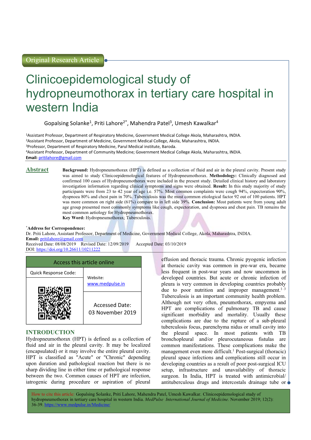 Clinicoepidemological Study of Hydropneumothorax in Tertiary Care Hospital in Western India