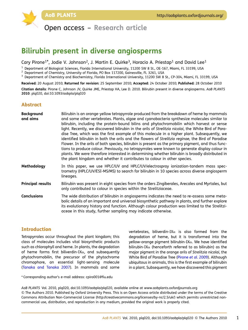 Bilirubin Present in Diverse Angiosperms