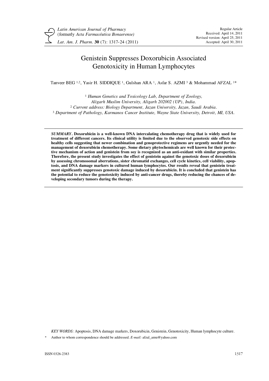 Genistein Suppresses Doxorubicin Associated Genotoxicity in Human Lymphocytes