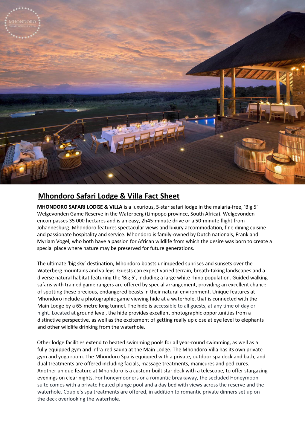 Mhondoro Safari Lodge & Villa Fact Sheet