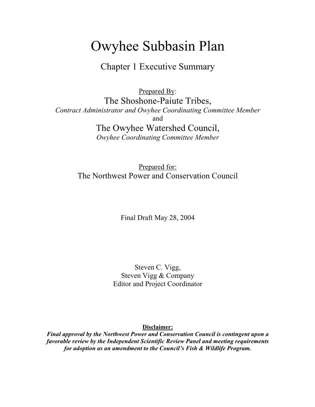 Owyhee Subbasin Plan