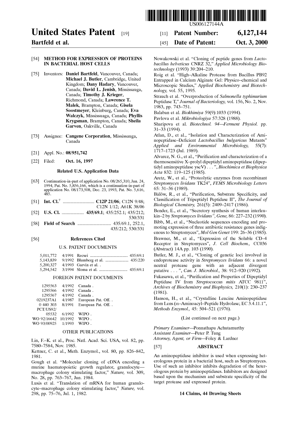 United States Patent (19) 11 Patent Number: 6,127,144 Bartfeld Et Al