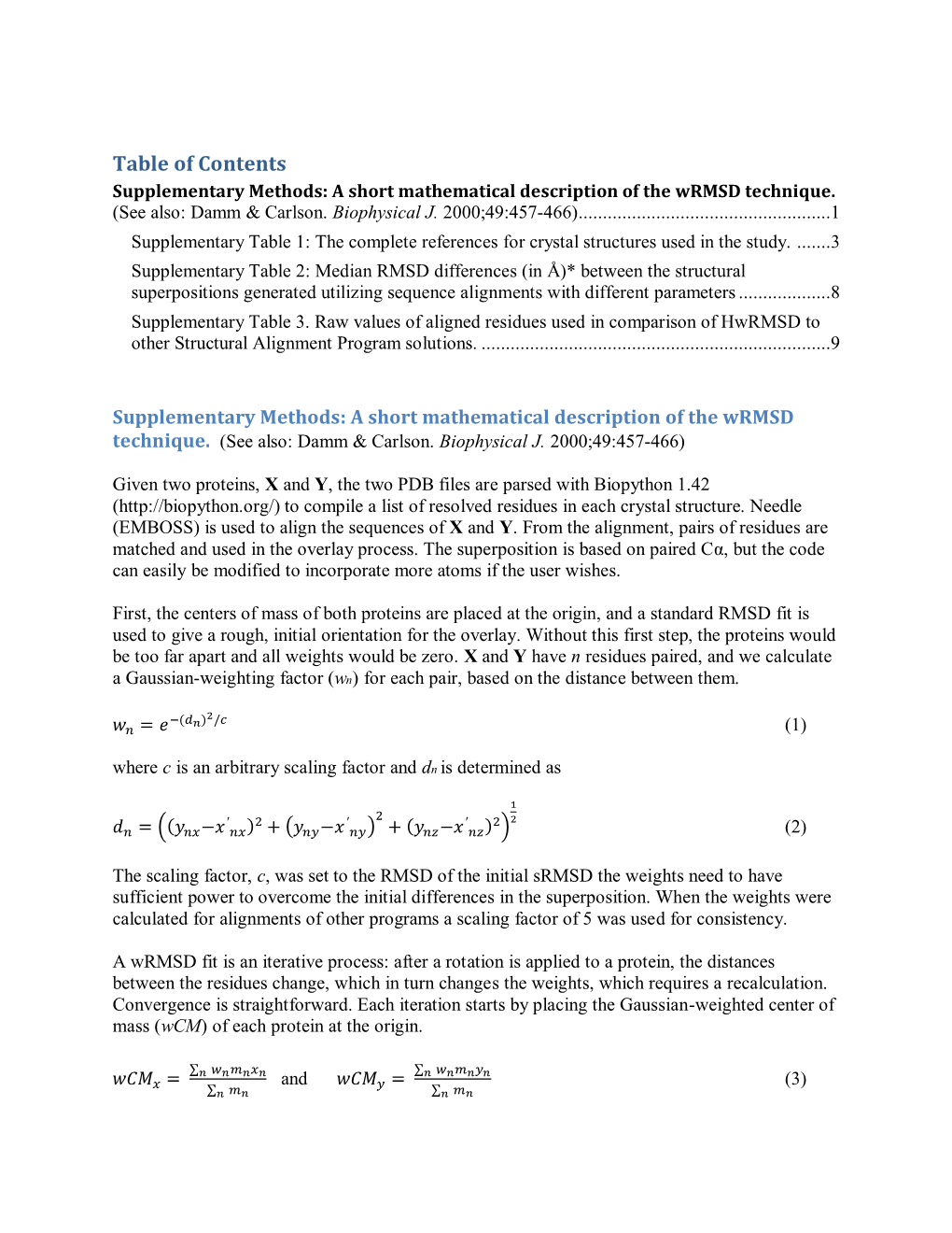 Table of Contents Supplementary Methods: a Short Mathematical Description of the Wrmsd Technique