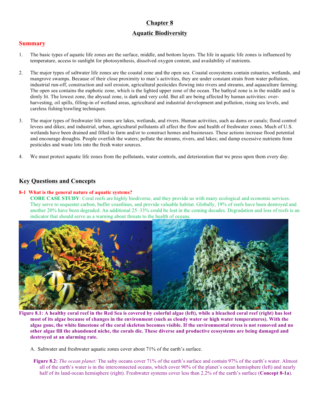 Chapter 8 Aquatic Biodiversity Summary Key Questions and Concepts