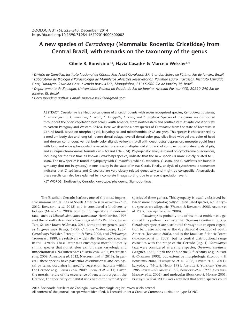 A New Species of Cerradomys (Mammalia: Rodentia: Cricetidae) from Central Brazil, with Remarks on the Taxonomy of the Genus