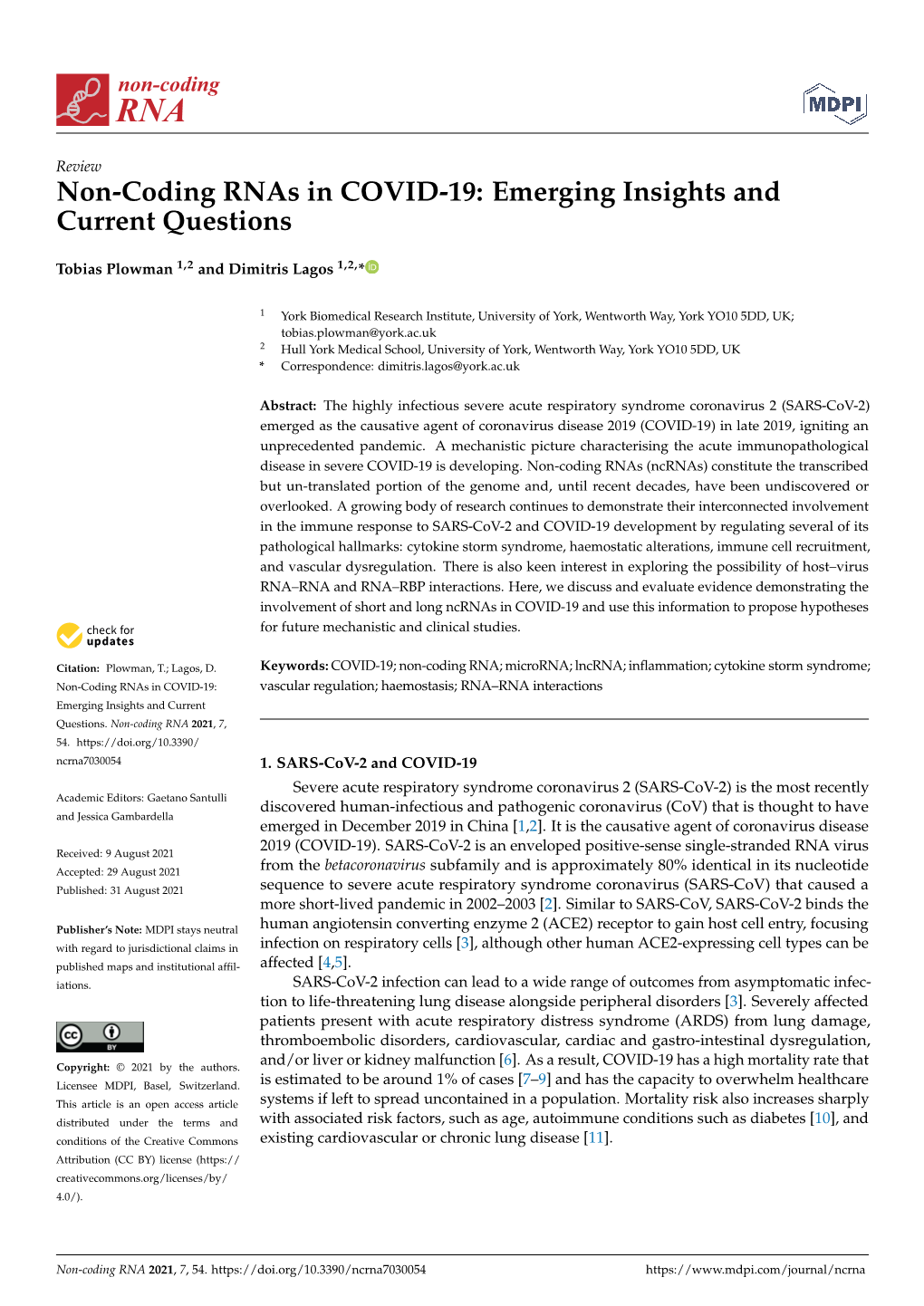 Non-Coding Rnas in COVID-19: Emerging Insights and Current Questions