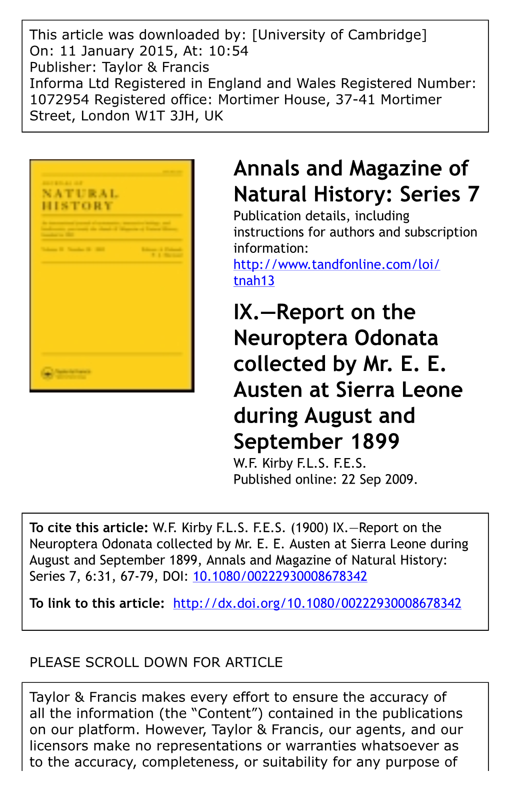 Report on the Neuroptera Odonata Collected by Mr. EE Austen at Sierra