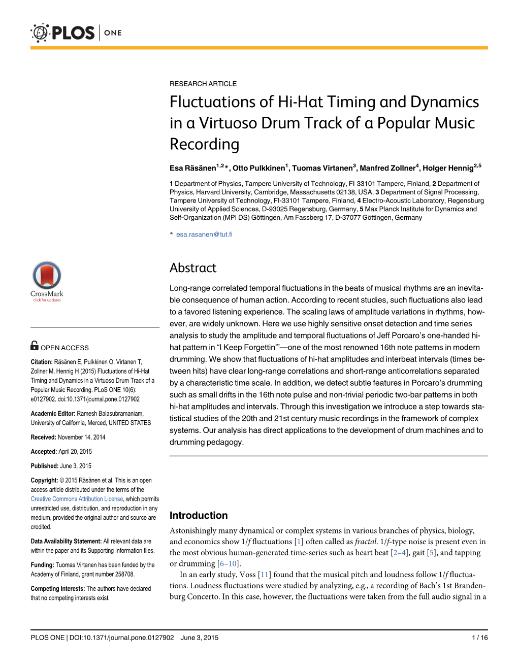 Fluctuations of Hi-Hat Timing and Dynamics in a Virtuoso Drum Track of a Popular Music Recording