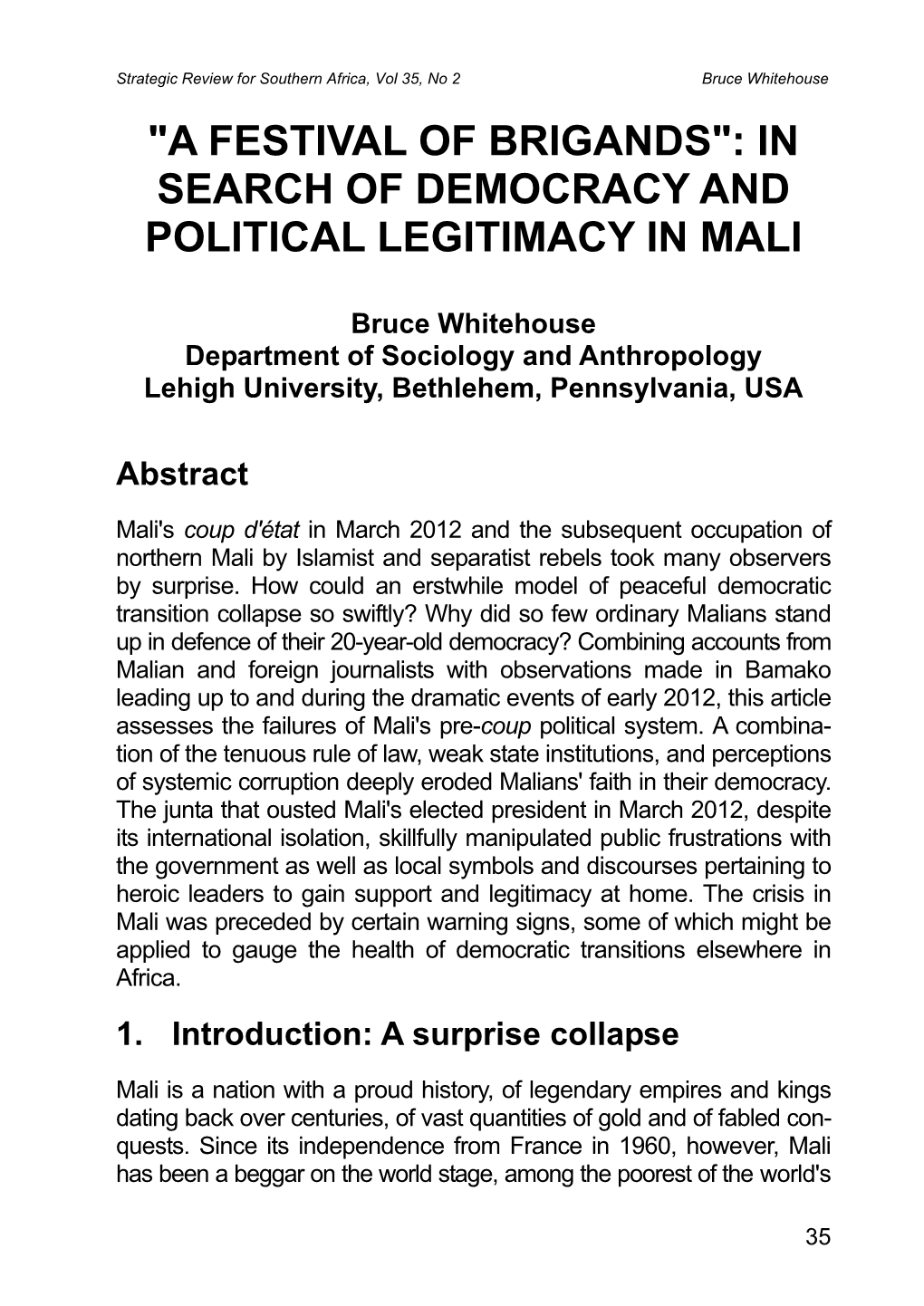 In Search of Democracy and Political Legitimacy in Mali