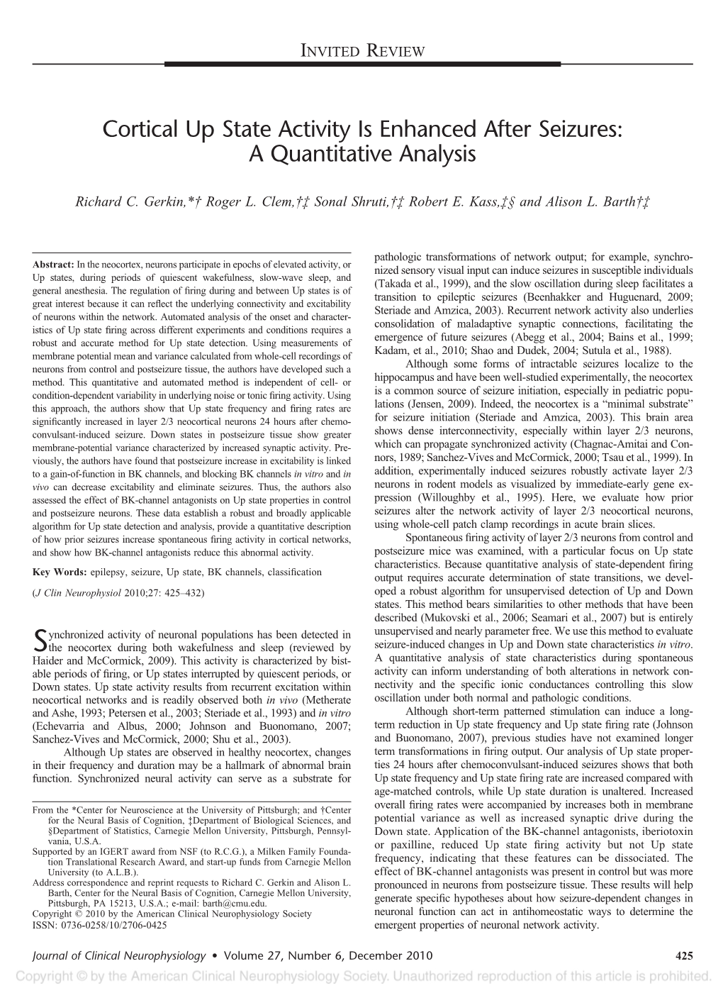 Cortical up State Activity Is Enhanced After Seizures: a Quantitative Analysis