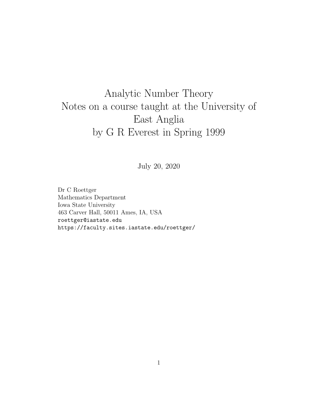 Course Notes for Analytic Number Theory