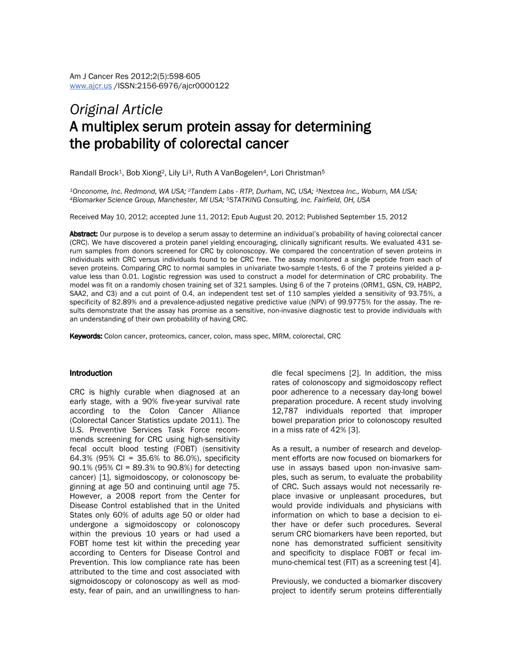 Original Article a Multiplex Serum Protein Assay for Determining the Probability of Colorectal Cancer