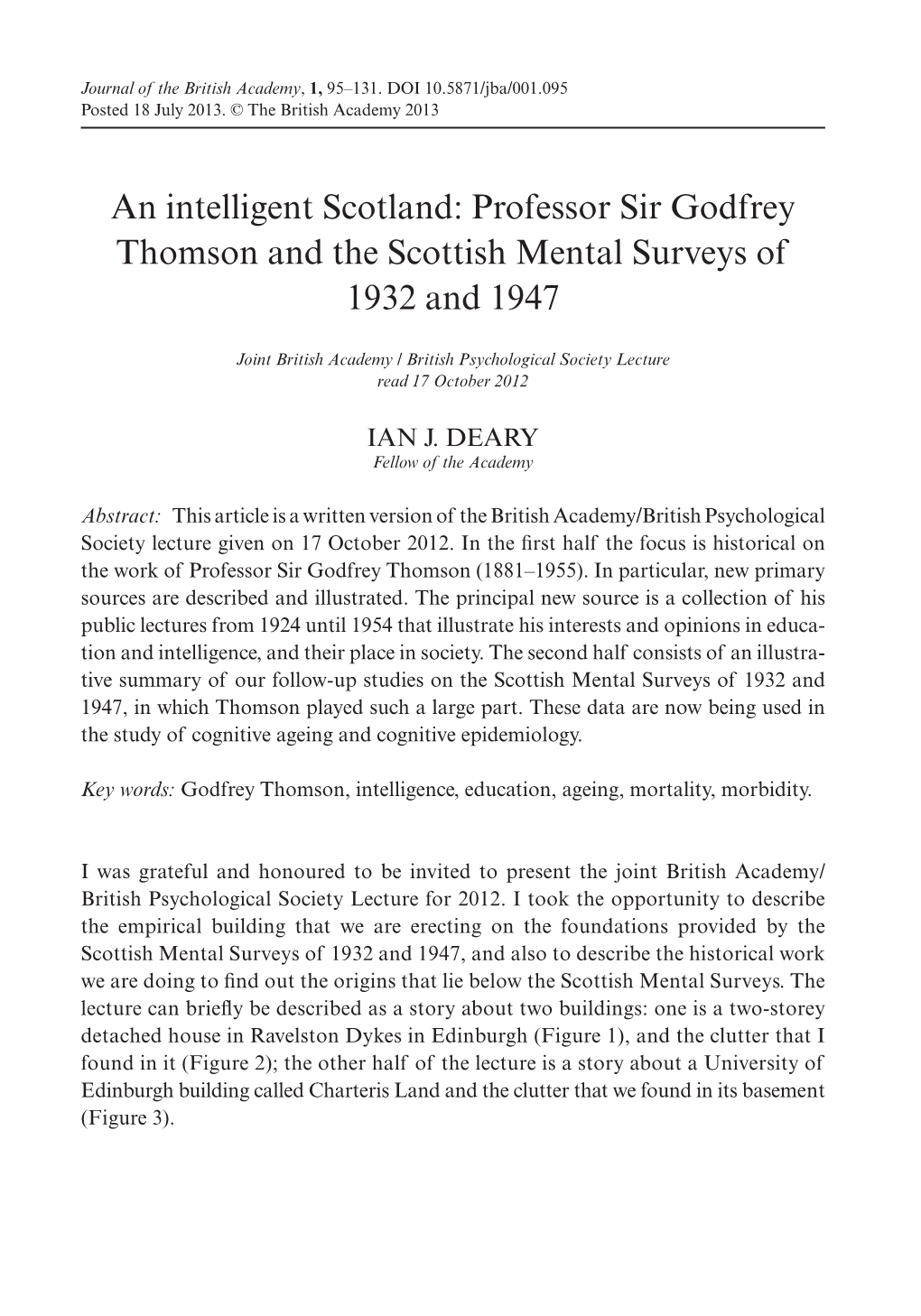 An Intelligent Scotland: Professor Sir Godfrey Thomson and the Scottish Mental Surveys of 1932 and 1947