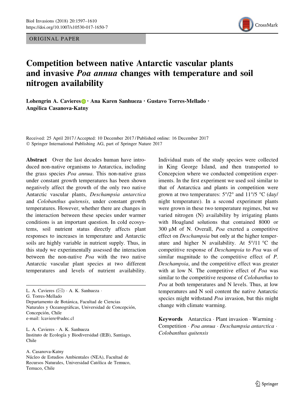 Competition Between Native Antarctic Vascular Plants and Invasive Poa Annua Changes with Temperature and Soil Nitrogen Availability