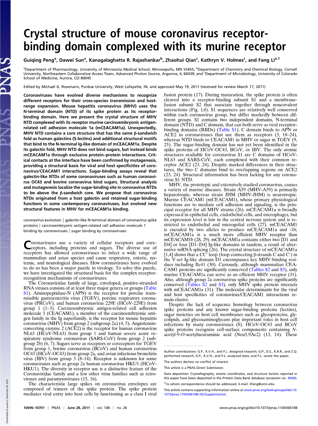 Crystal Structure of Mouse Coronavirus Receptor- Binding Domain Complexed with Its Murine Receptor