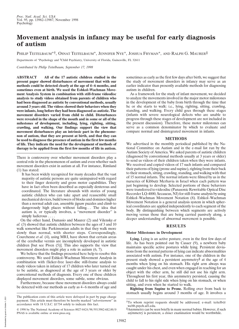 Movement Analysis in Infancy May Be Useful for Early Diagnosis of Autism