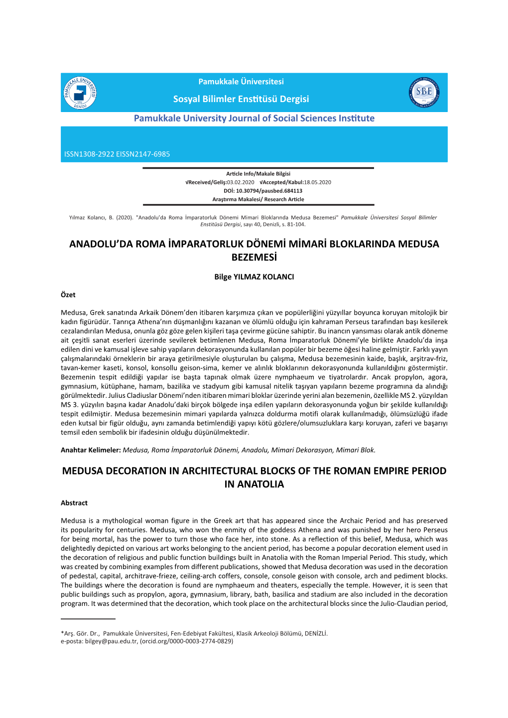 Pamukkale Üniversitesi Sosyal Bilimler Enstitüsü Dergisi Pamukkale University Journal of Social Sciences Institute