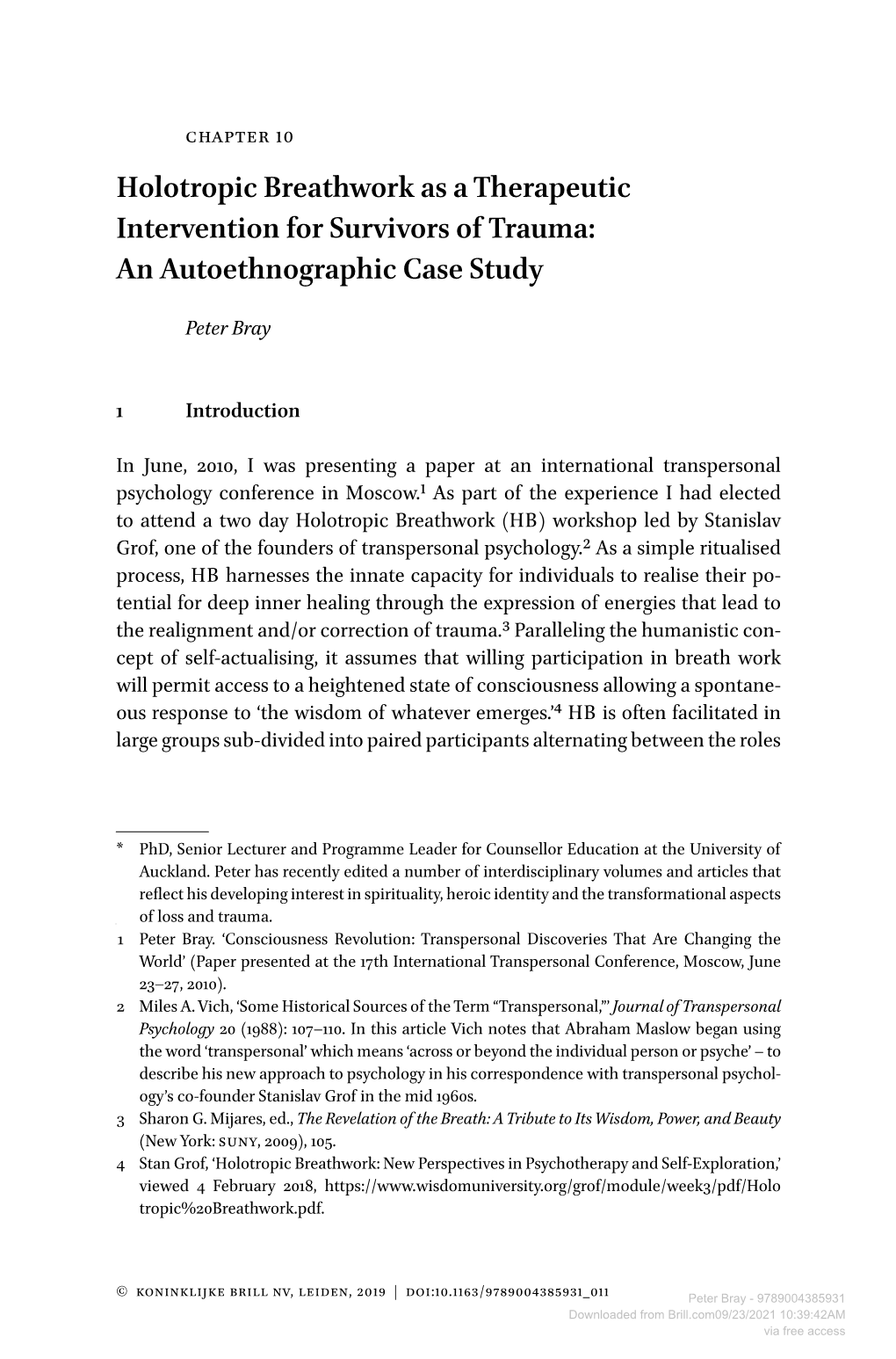 Holotropic Breathwork As a Therapeutic Intervention for Survivors of Trauma: an Autoethnographic Case Study