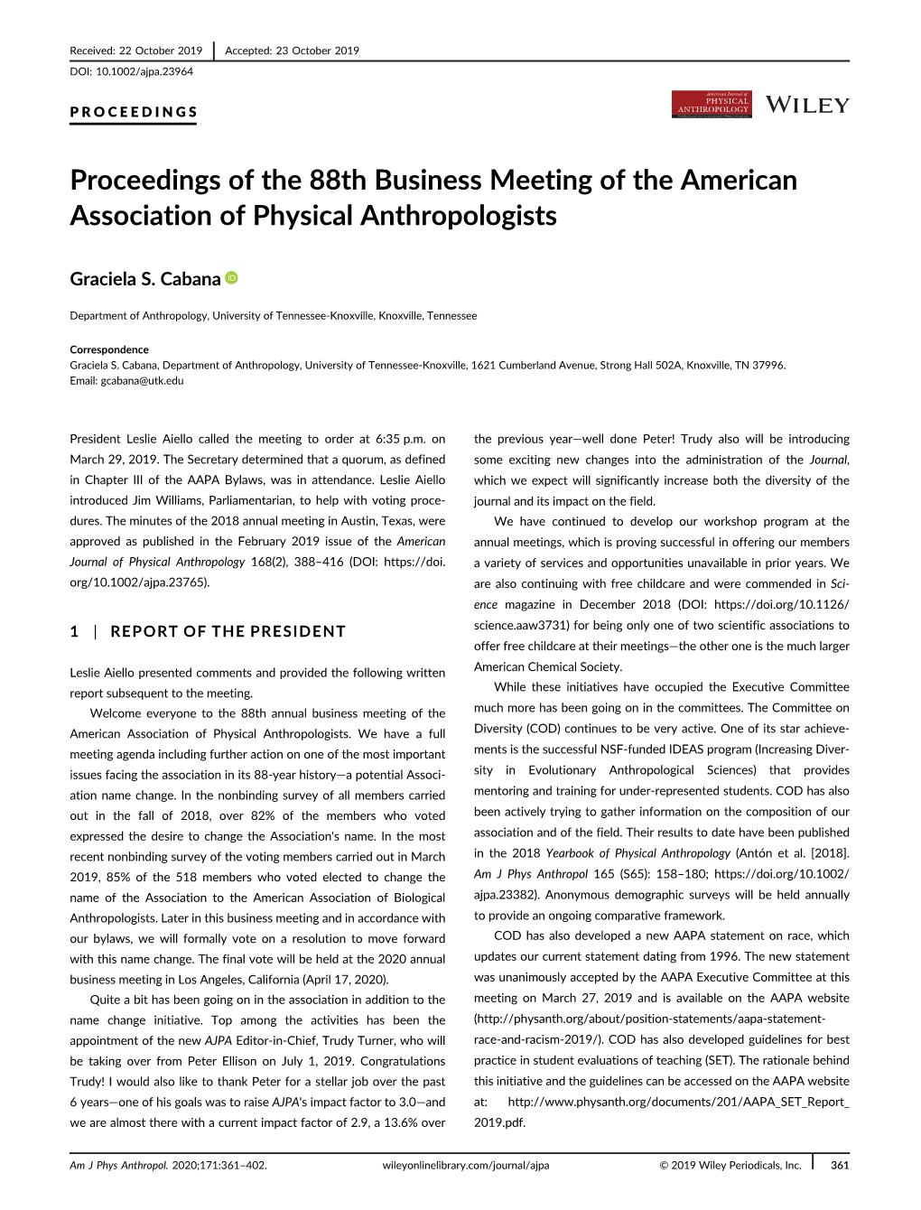 Proceedings of the 88Th Business Meeting of the American Association of Physical Anthropologists