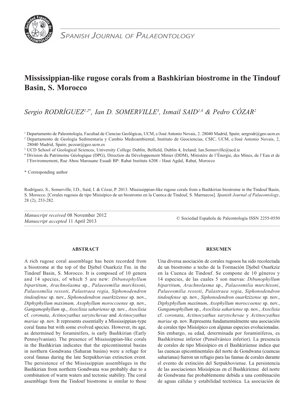 Mississippian-Like Rugose Corals from a Bashkirian Biostrome in the Tindouf Basin, S. Morocco