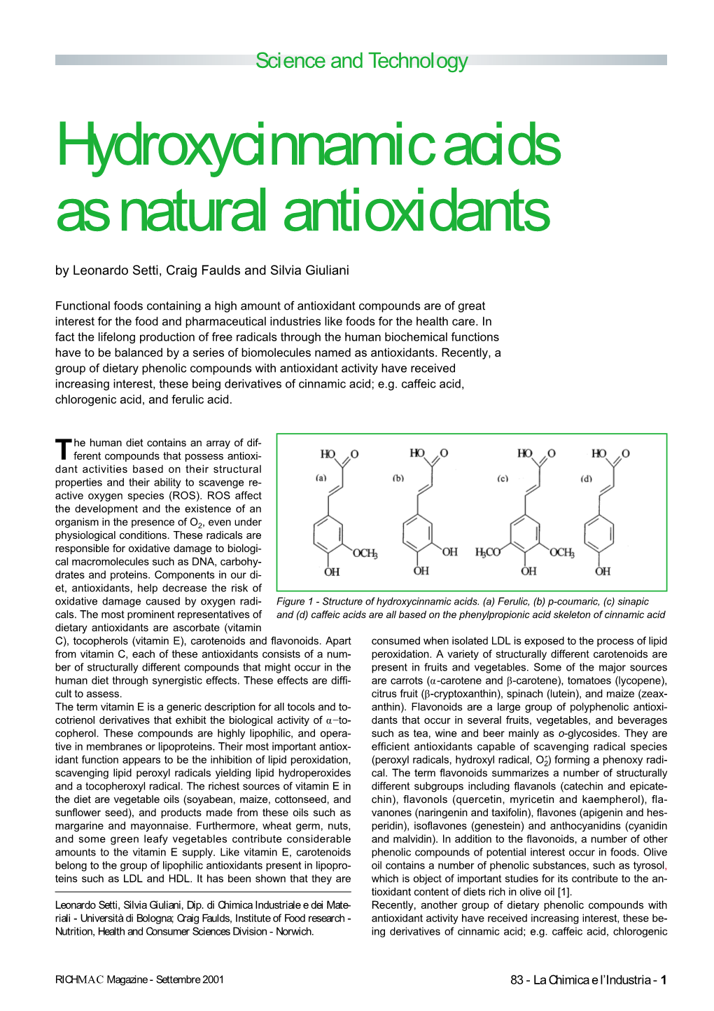 Hydroxycinnamic Acids As Natural Antioxidants by Leonardo Setti, Craig Faulds and Silvia Giuliani