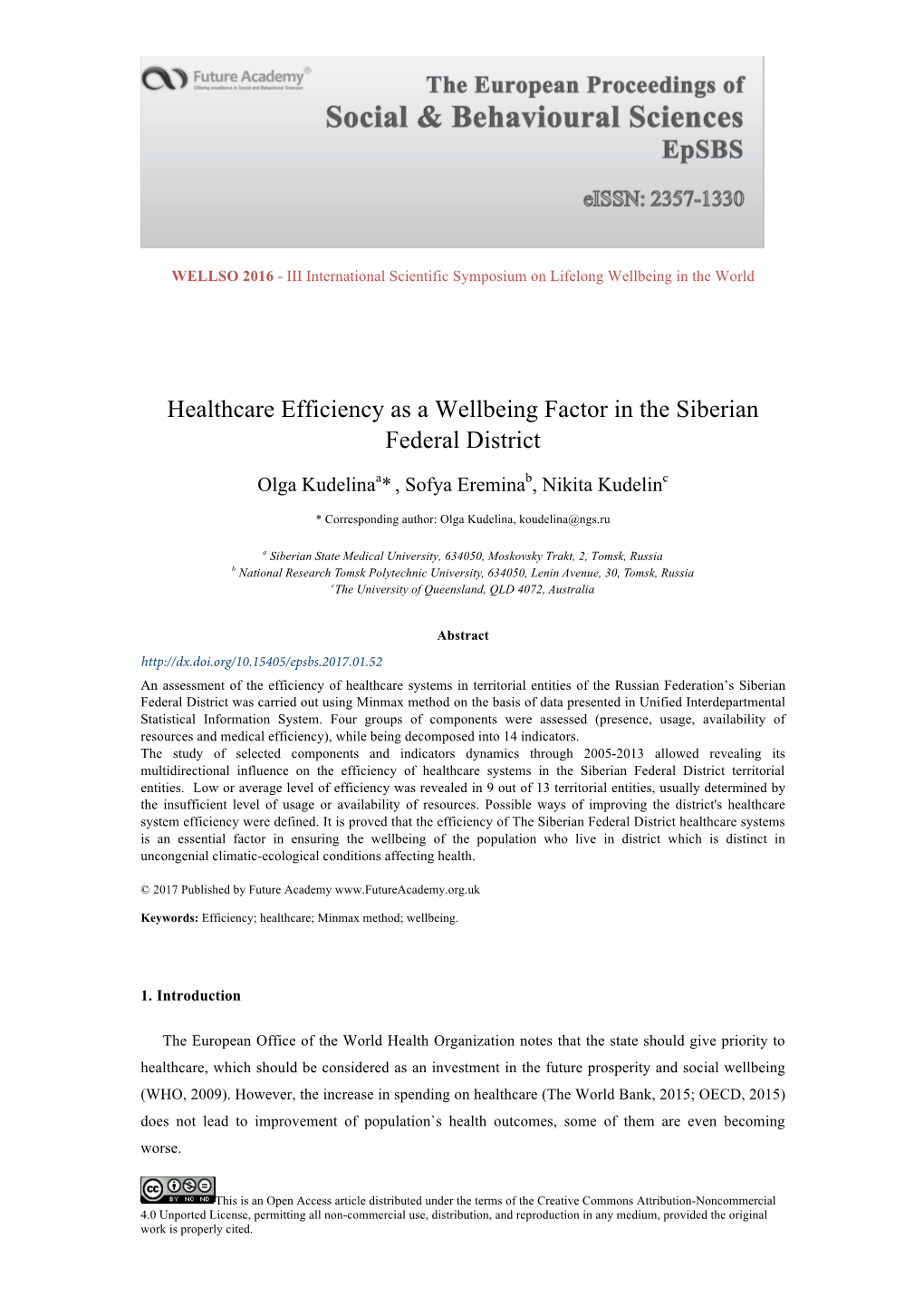 Healthcare Efficiency As a Wellbeing Factor in the Siberian Federal District