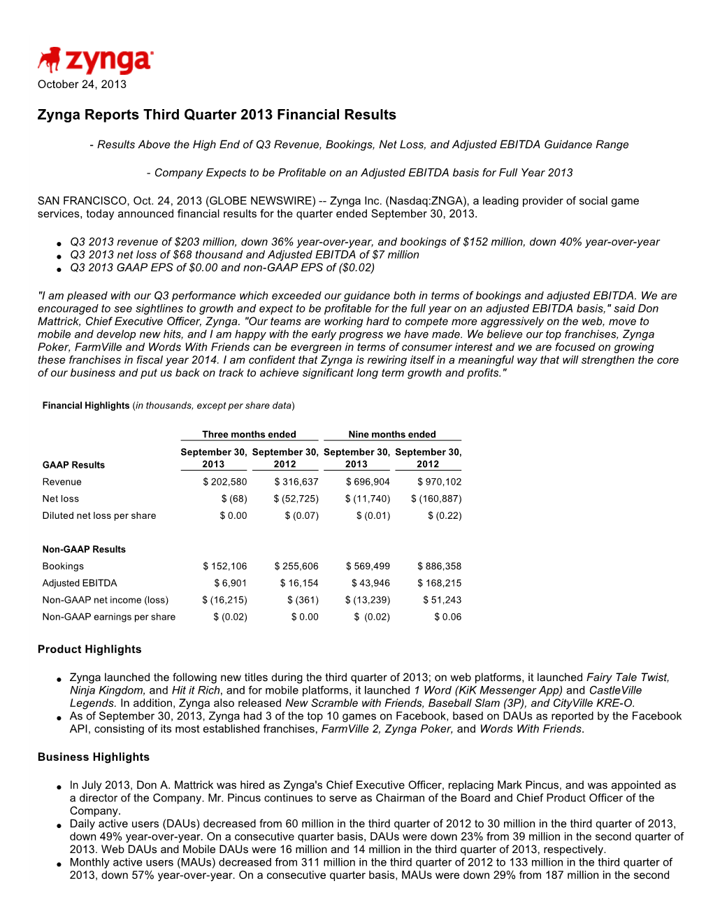Zynga Reports Third Quarter 2013 Financial Results