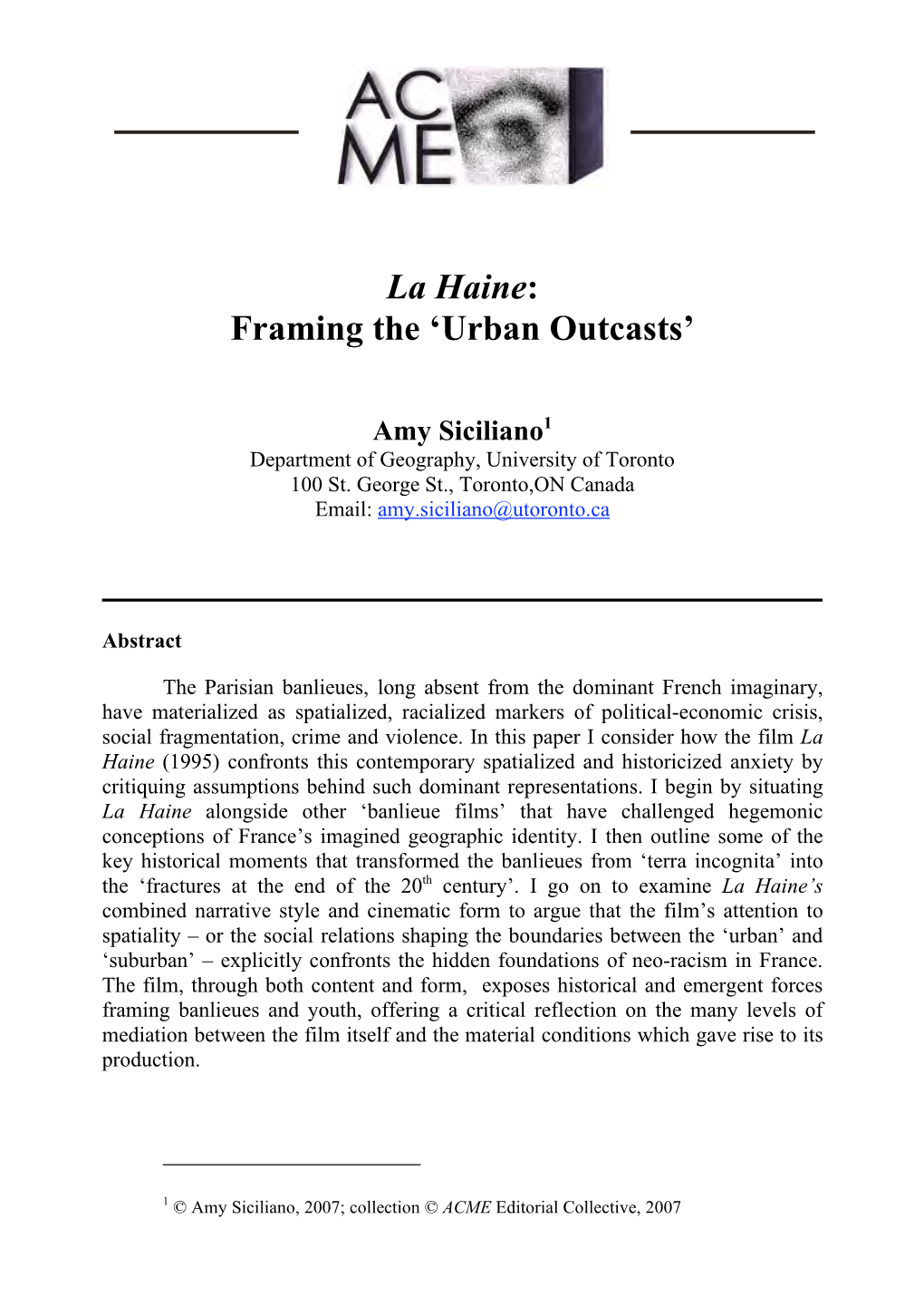 La Haine: Framing the ‘Urban Outcasts’