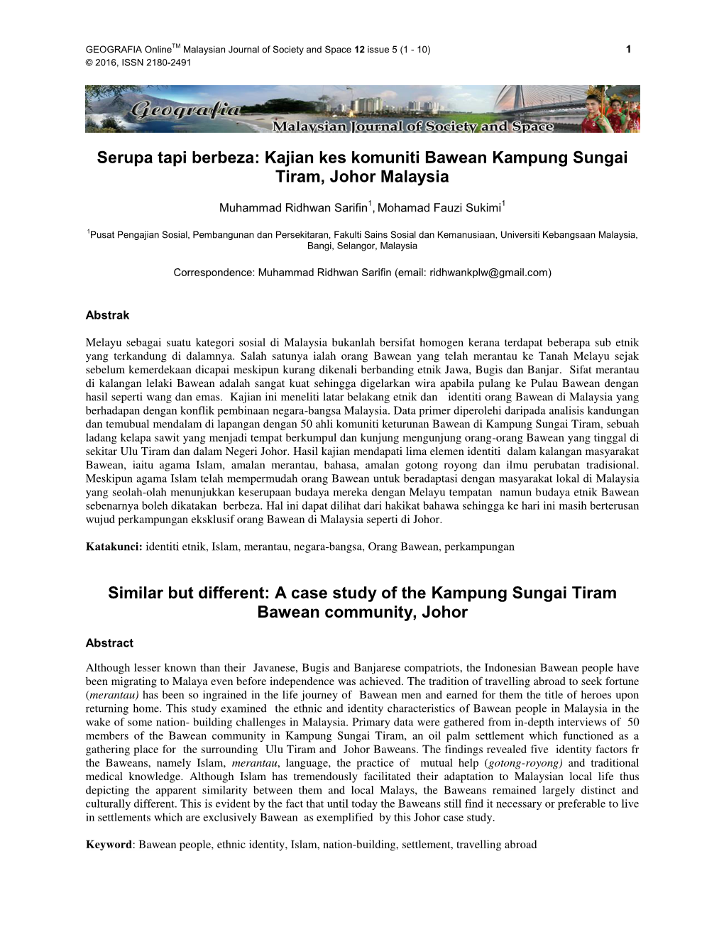 Kajian Kes Komuniti Bawean Kampung Sungai Tiram, Johor Malaysia