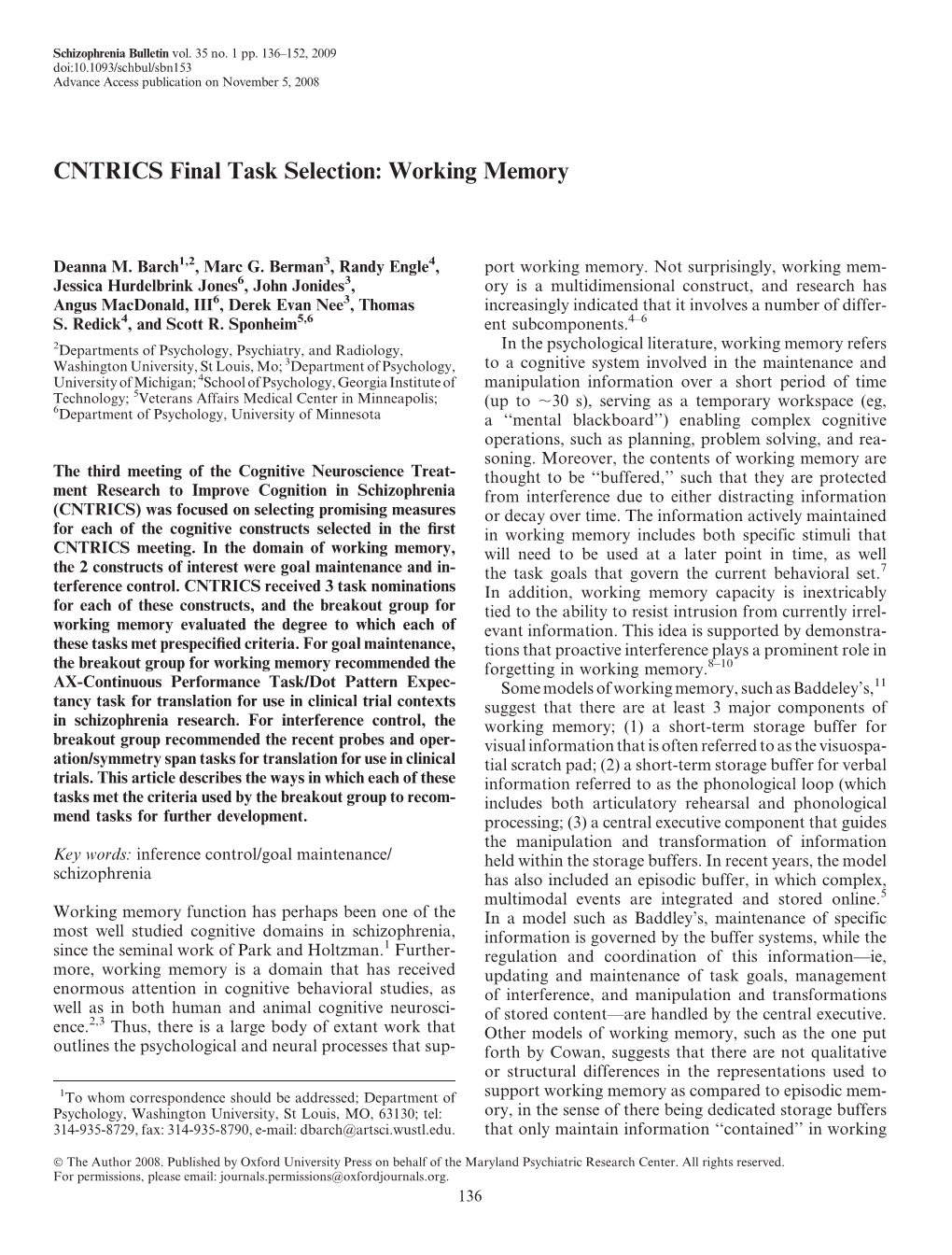 CNTRICS Final Task Selection: Working Memory