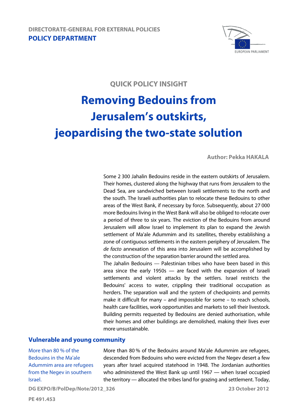 Removing Bedouins from Jerusalem's Outskirts, Jeopardising the Two-State