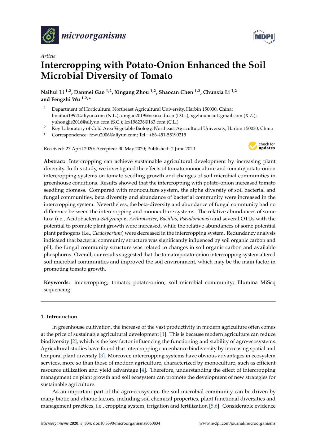 Intercropping with Potato-Onion Enhanced the Soil Microbial Diversity of Tomato