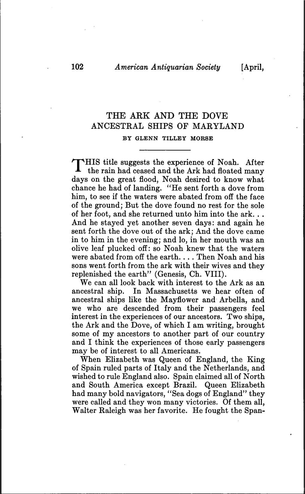 The Ark and the Dove Ancestral Ships of Maryland by Glenn Tilley Morse