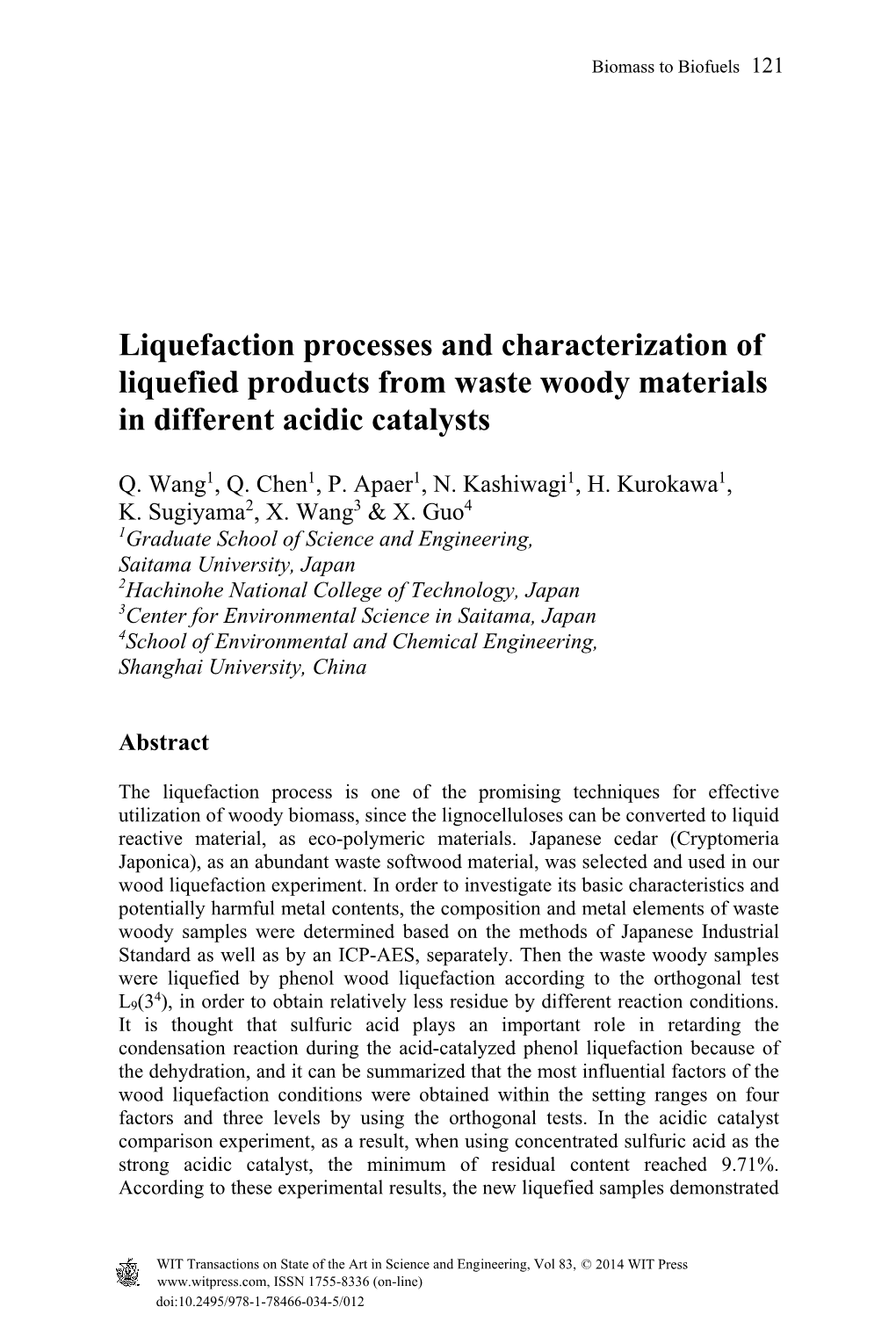 Liquefaction Processes and Characterization of Liquefied Products from Waste Woody Materials in Different Acidic Catalysts