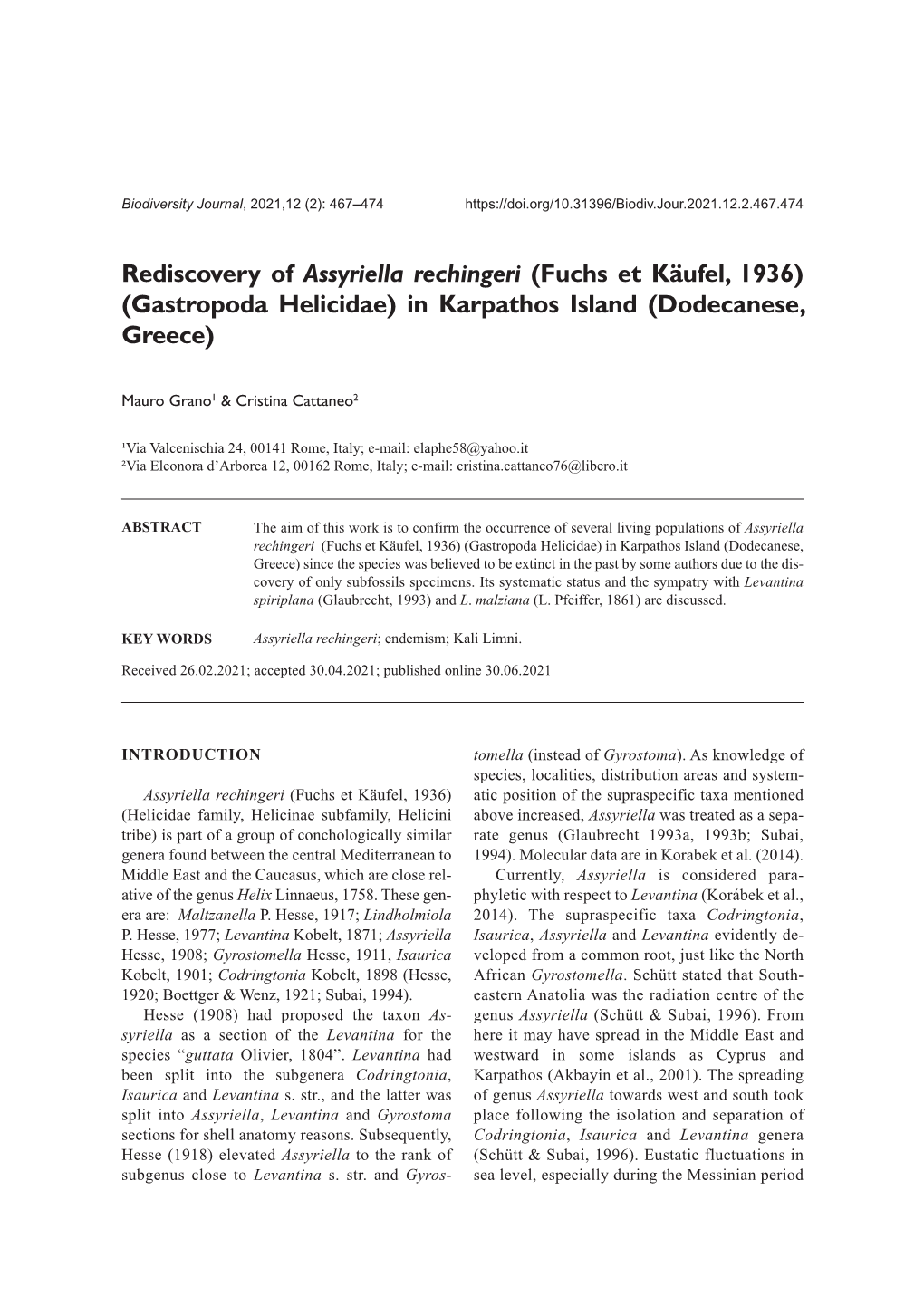 Rediscovery of Assyriella Rechingeri (Fuchs Et Käufel, 1936) (Gastropoda Helicidae) in Karpathos Island (Dodecanese, Greece)